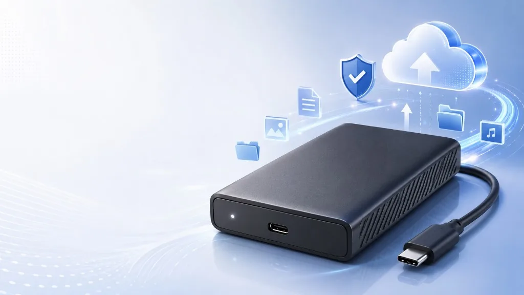 External hard drive connected for backup with files, photos, and documents syncing securely to the cloud