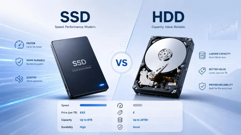 SSD versus HDD comparison showing faster speed, durability, and quiet operation versus larger capacity and lower cost per terabyte